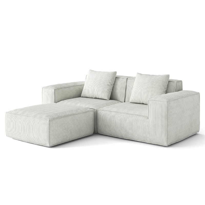 2-Seater Corduroy Fabric Compressed Tofu Block Sofa Bed with Footrest - White