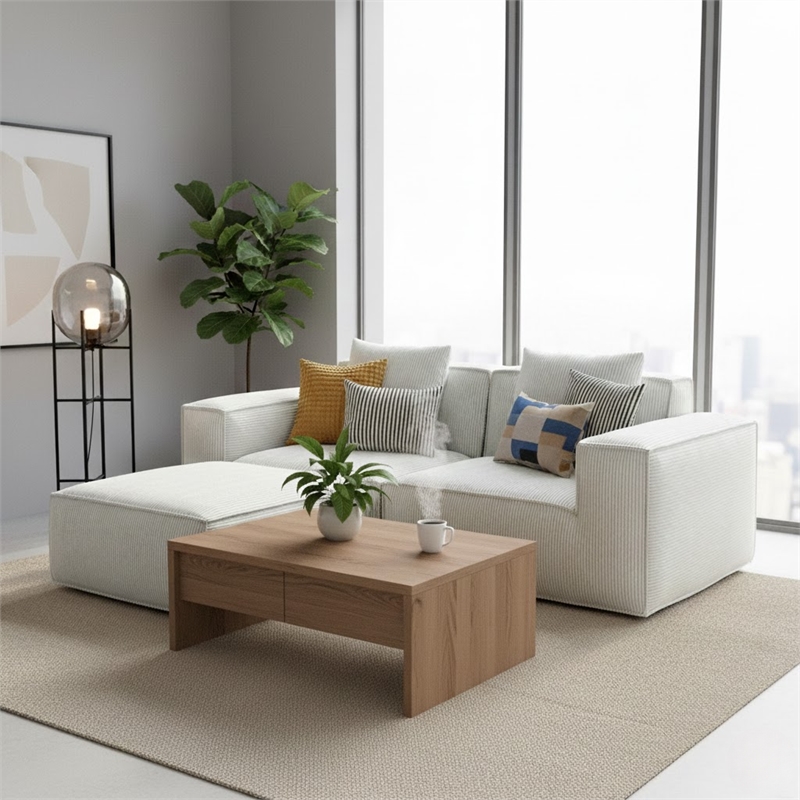 2-Seater Corduroy Fabric Compressed Tofu Block Sofa Bed with Footrest - White