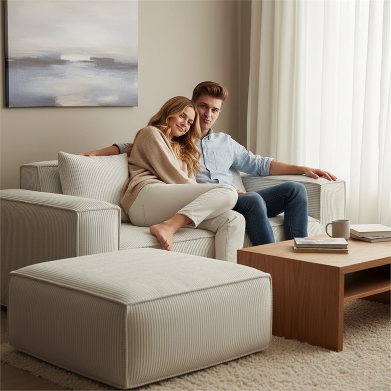 2-Seater Corduroy Fabric Compressed Tofu Block Sofa Bed with Footrest - White