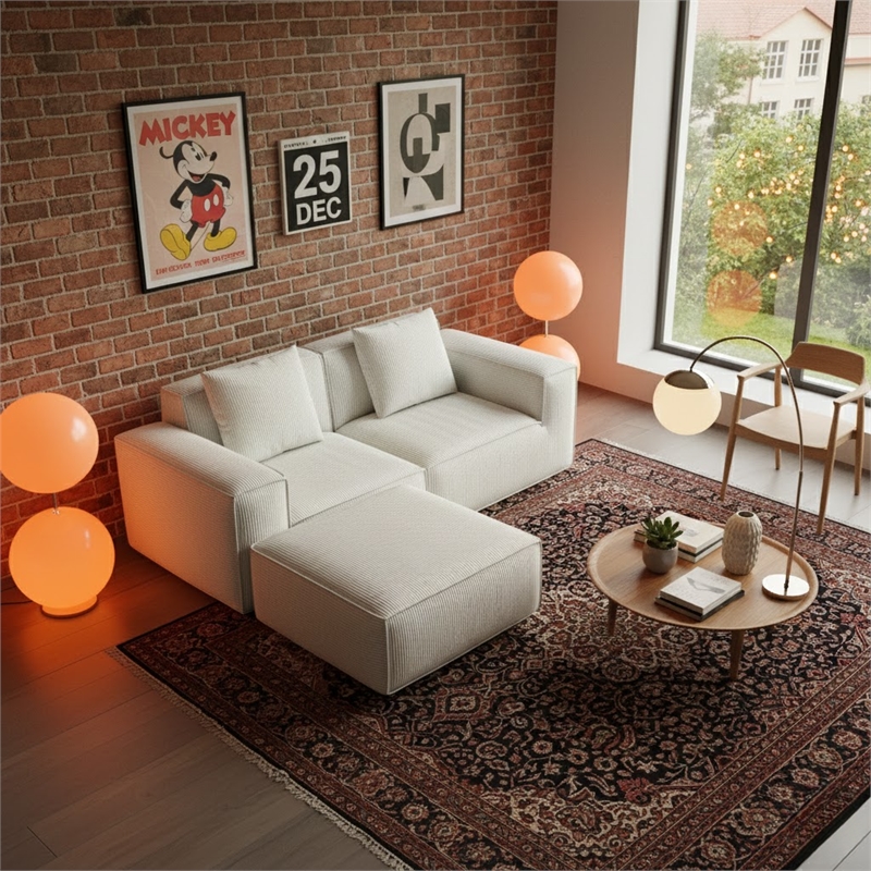 2-Seater Corduroy Fabric Compressed Tofu Block Sofa Bed with Footrest - White