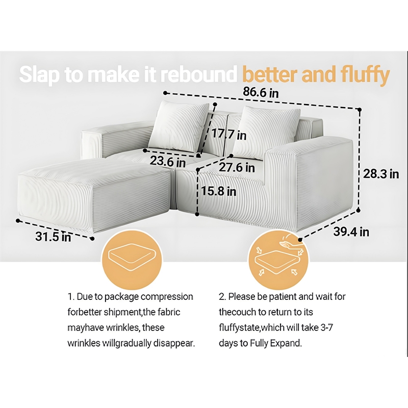 2-Seater Corduroy Fabric Compressed Tofu Block Sofa Bed with Footrest - White