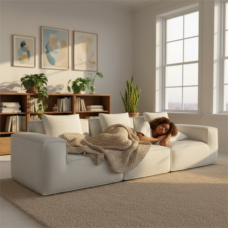 Corduroy 3-Seater Compressed Modular Sectional Sofa with Comfy Armrest - White
