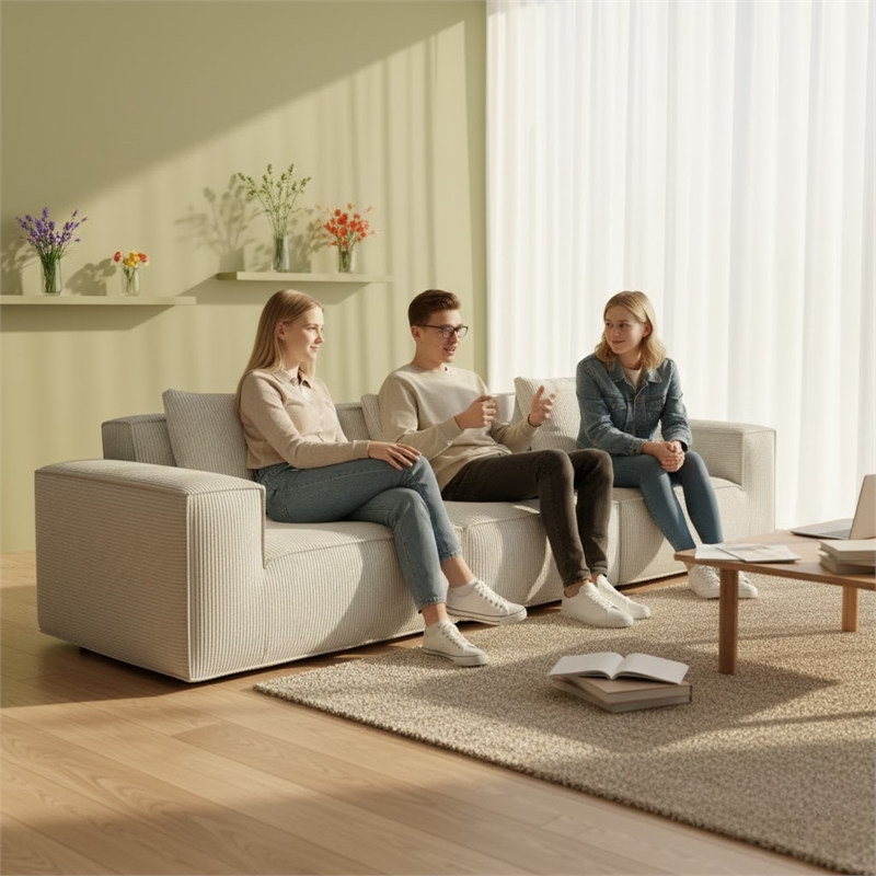 Corduroy 3-Seater Compressed Modular Sectional Sofa with Comfy Armrest - White