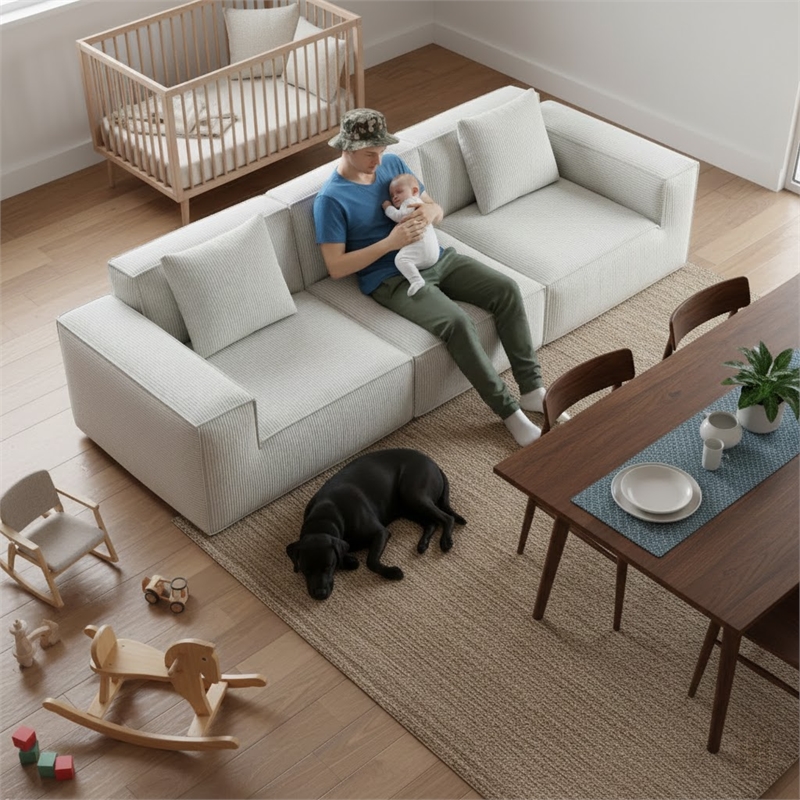 Corduroy 3-Seater Compressed Modular Sectional Sofa with Comfy Armrest - White