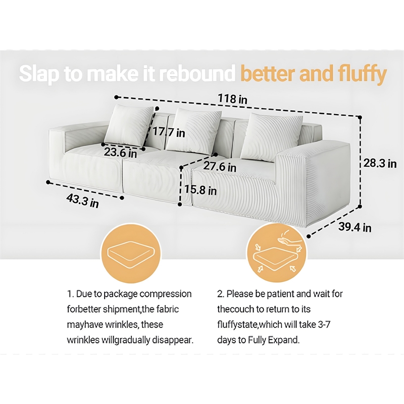 Corduroy 3-Seater Compressed Modular Sectional Sofa with Comfy Armrest - White