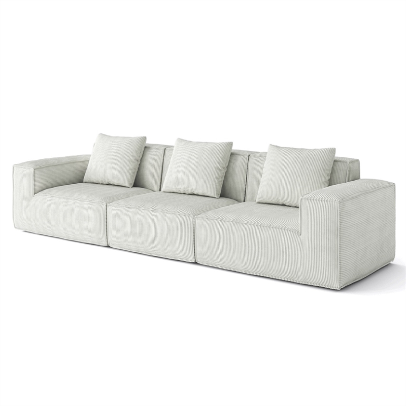 Corduroy 3-Seater Compressed Modular Sectional Sofa with Comfy Armrest - White