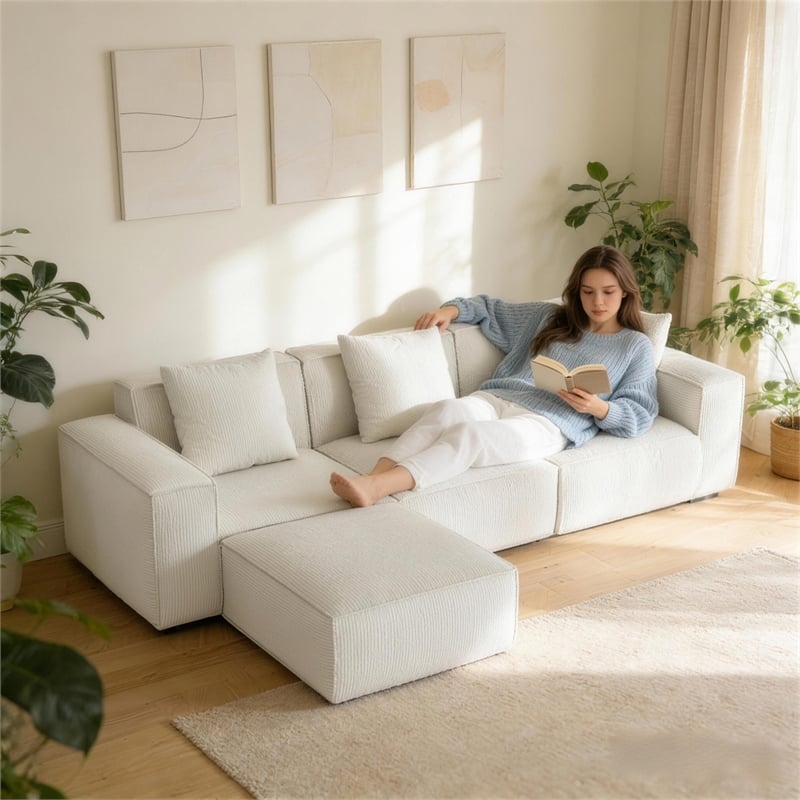 3-Seater Corduroy Fabric Compressed Tofu Block Sofa Bed with Footrest - White