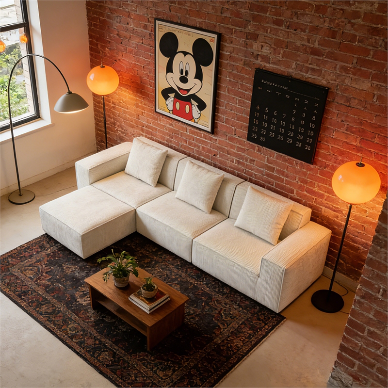 3-Seater Corduroy Fabric Compressed Tofu Block Sofa Bed with Footrest - White