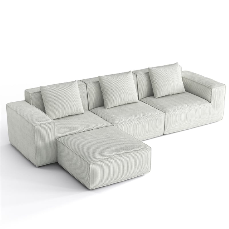 3-Seater Corduroy Fabric Compressed Tofu Block Sofa Bed with Footrest - White