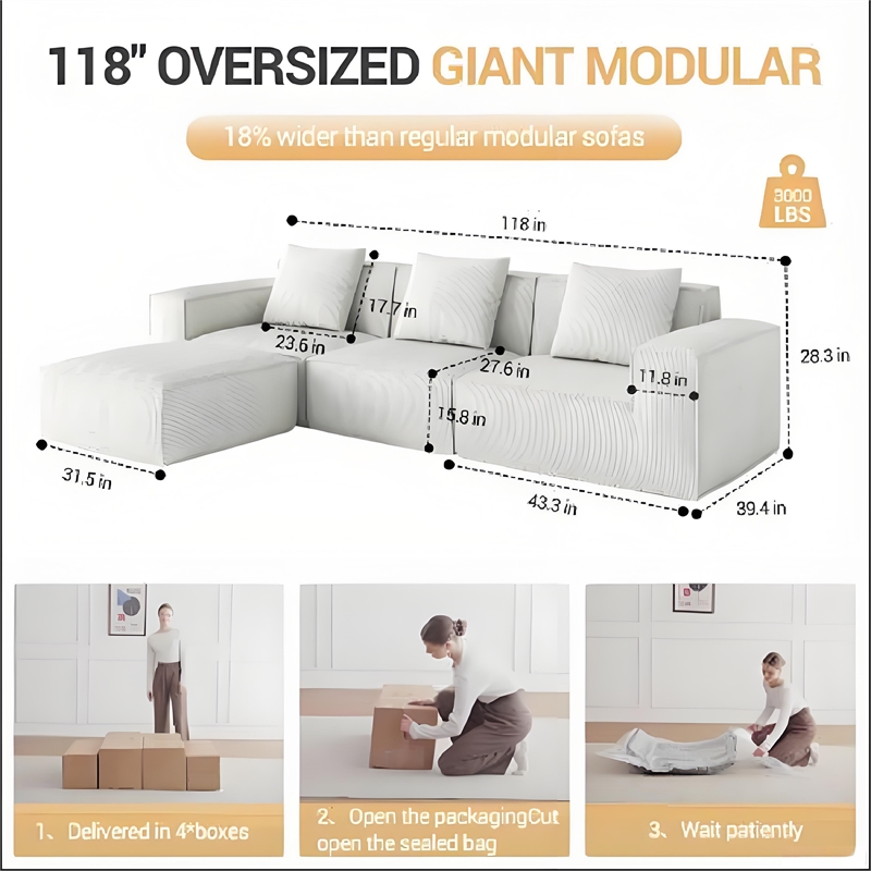3-Seater Corduroy Fabric Compressed Tofu Block Sofa Bed with Footrest - White
