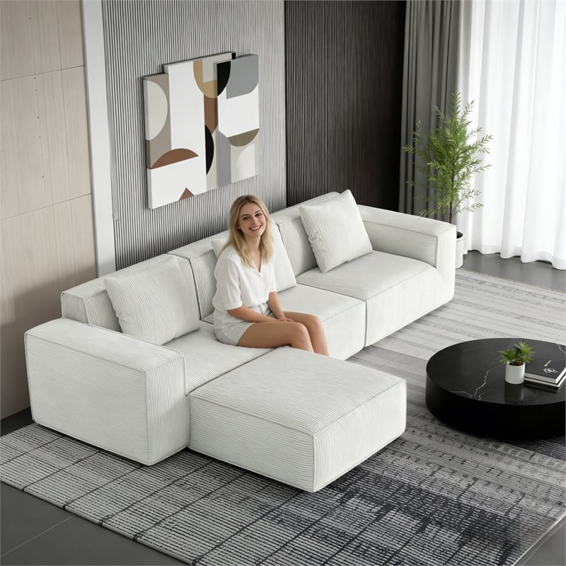 3-Seater Corduroy Fabric Compressed Tofu Block Sofa Bed with Footrest - White