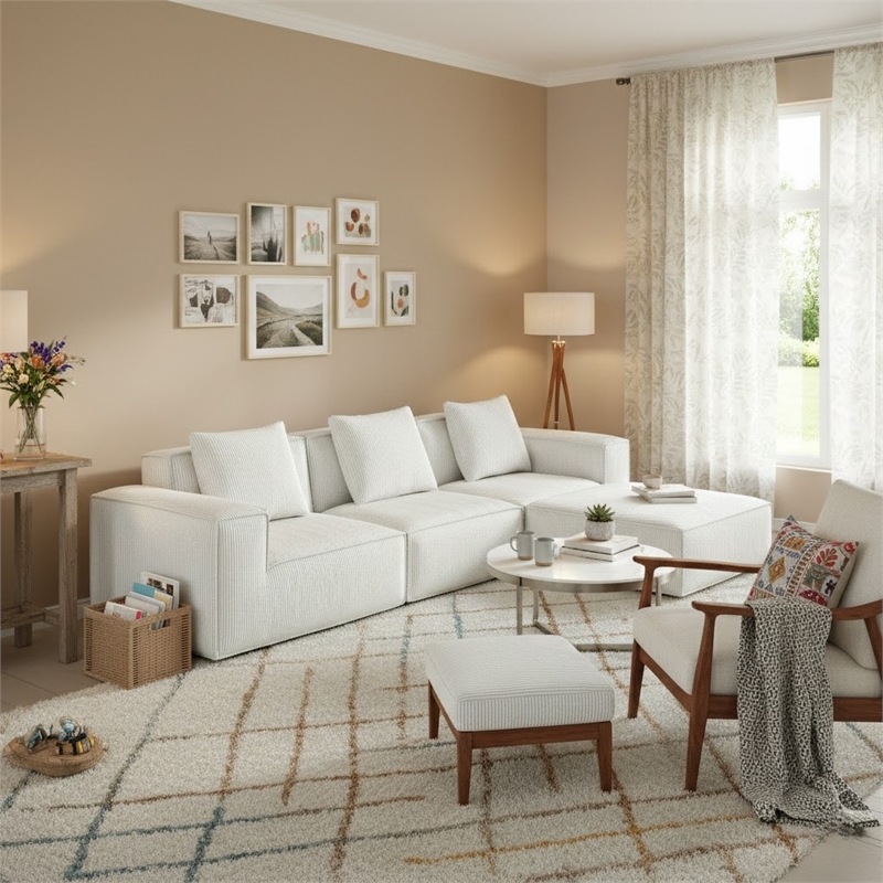 3-Seater Corduroy Fabric Compressed Tofu Block Sofa Bed with Footrest - White