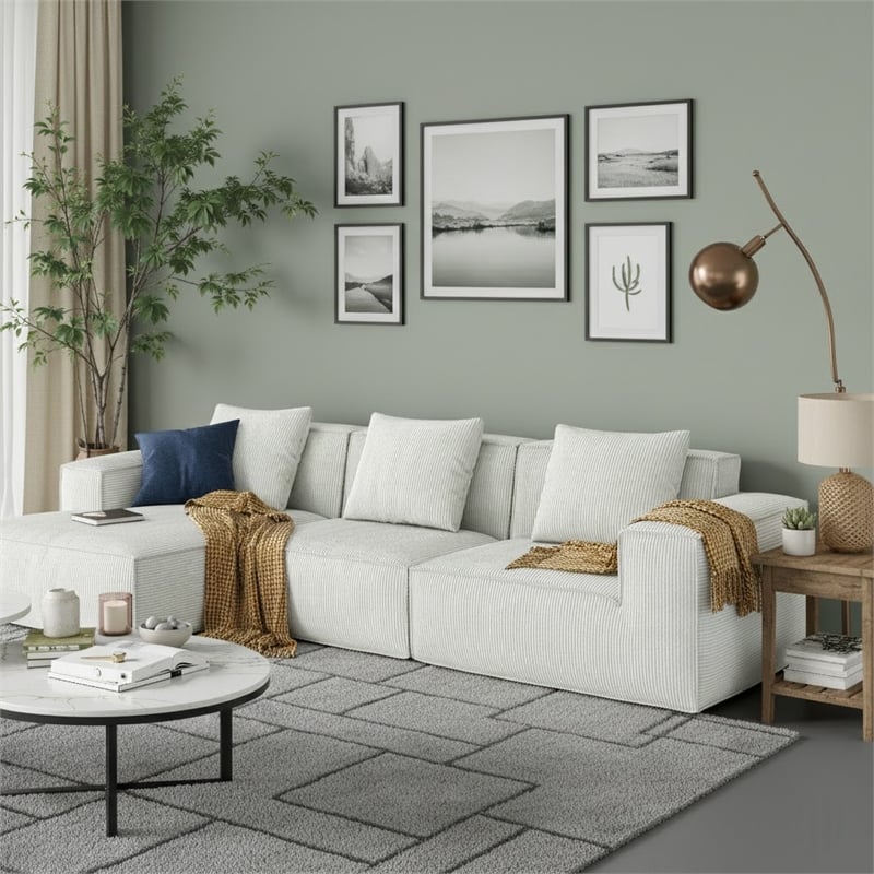 3-Seater Corduroy Fabric Compressed Tofu Block Sofa Bed with Footrest - White