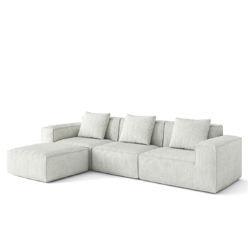 3-Seater Corduroy Fabric Compressed Tofu Block Sofa Bed with Footrest - White
