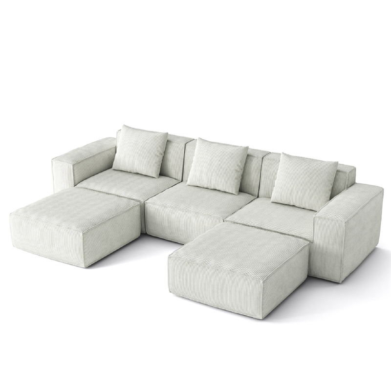 3-Seater Corduroy Fabric Compressed Tofu Block Sofa Bed with 2 Footrests - White