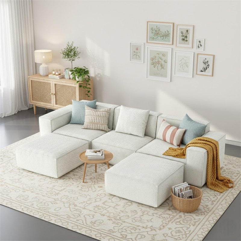 3-Seater Corduroy Fabric Compressed Tofu Block Sofa Bed with 2 Footrests - White