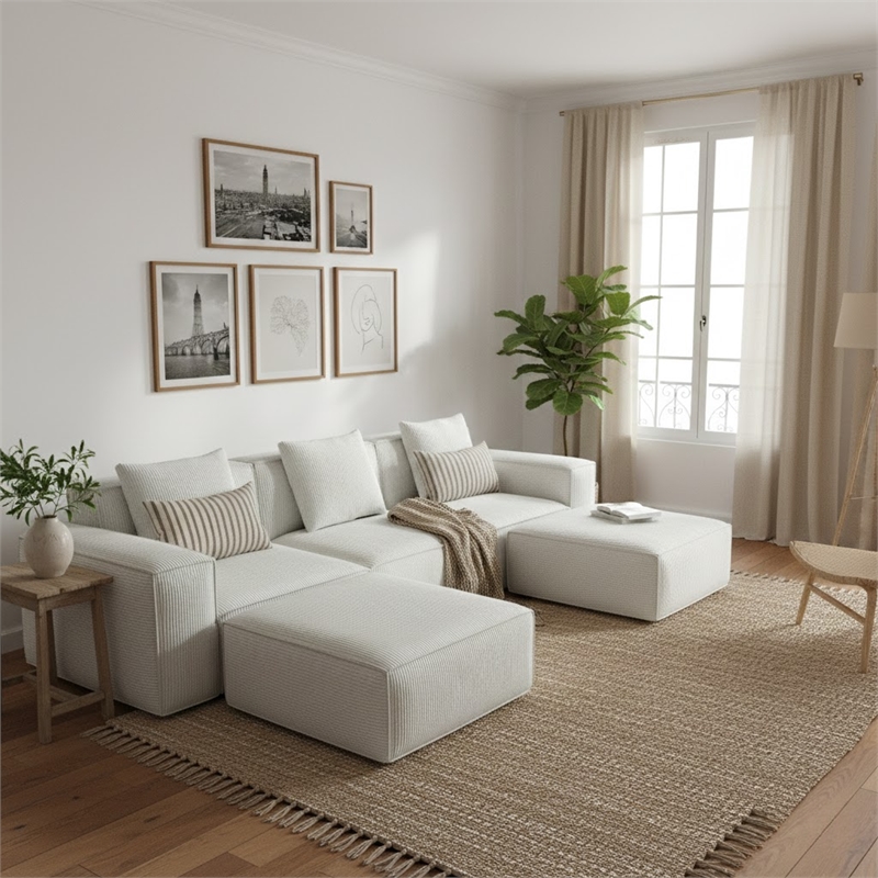 3-Seater Corduroy Fabric Compressed Tofu Block Sofa Bed with 2 Footrests - White