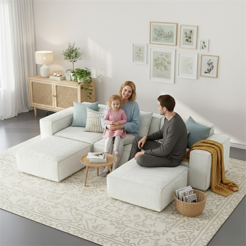 3-Seater Corduroy Fabric Compressed Tofu Block Sofa Bed with 2 Footrests - White