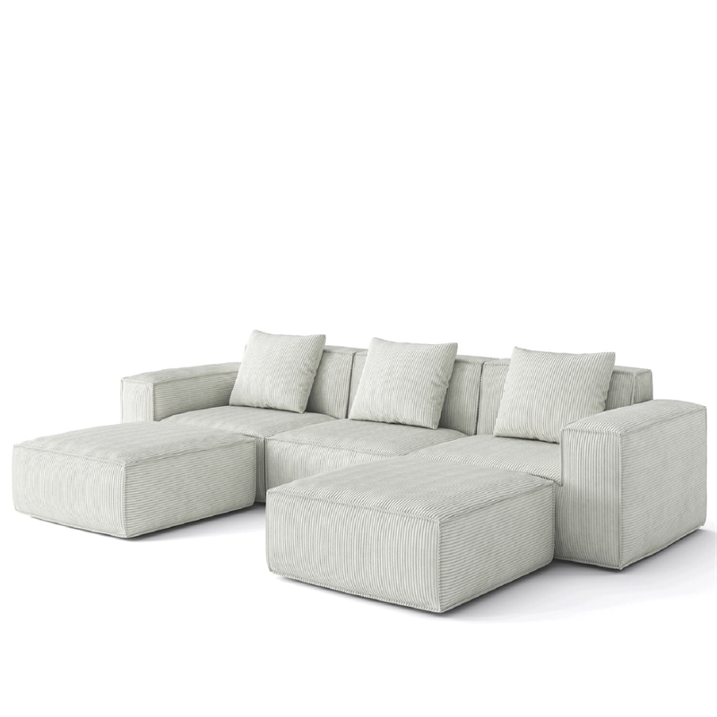 3-Seater Corduroy Fabric Compressed Tofu Block Sofa Bed with 2 Footrests - White