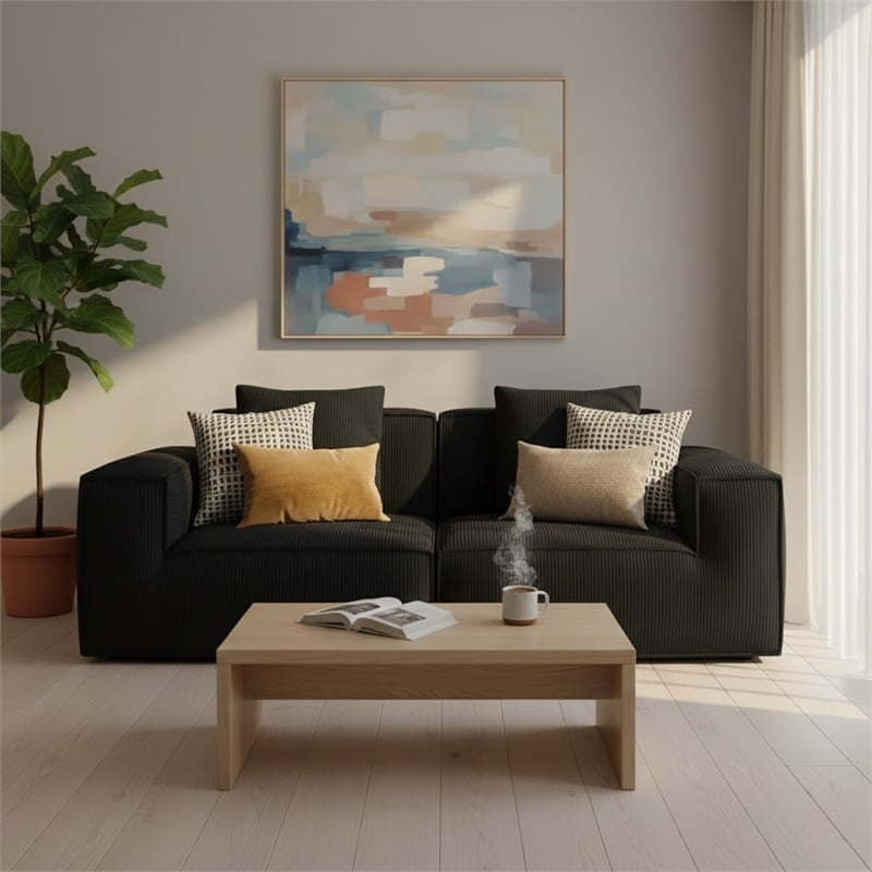 2-Seater Corduroy Fabric Compressed Tofu Block Sofa Bed - Black