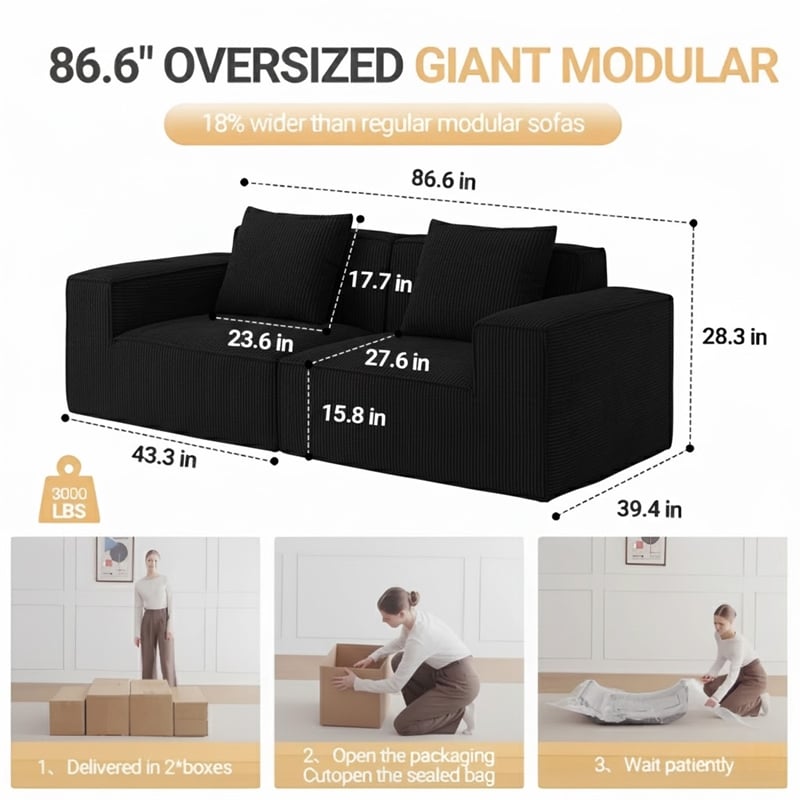 2-Seater Corduroy Fabric Compressed Tofu Block Sofa Bed - Black