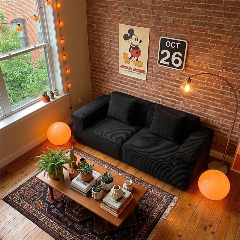 2-Seater Corduroy Fabric Compressed Tofu Block Sofa Bed - Black