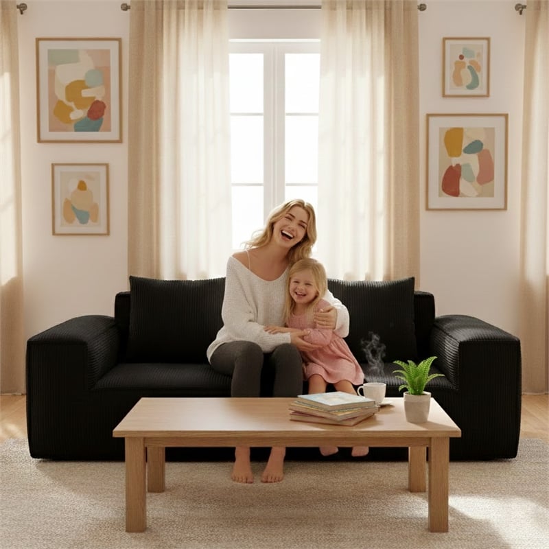 2-Seater Corduroy Fabric Compressed Tofu Block Sofa Bed - Black