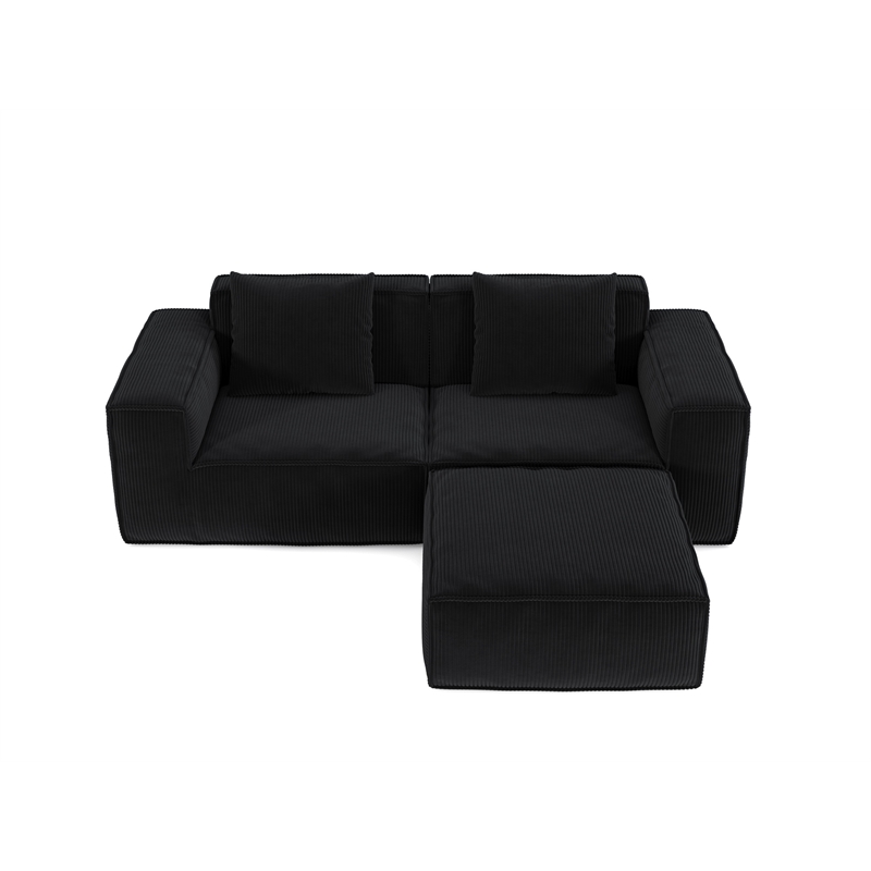2-Seater Corduroy Fabric Compressed Tofu Block Sofa Bed with Footrest - Black