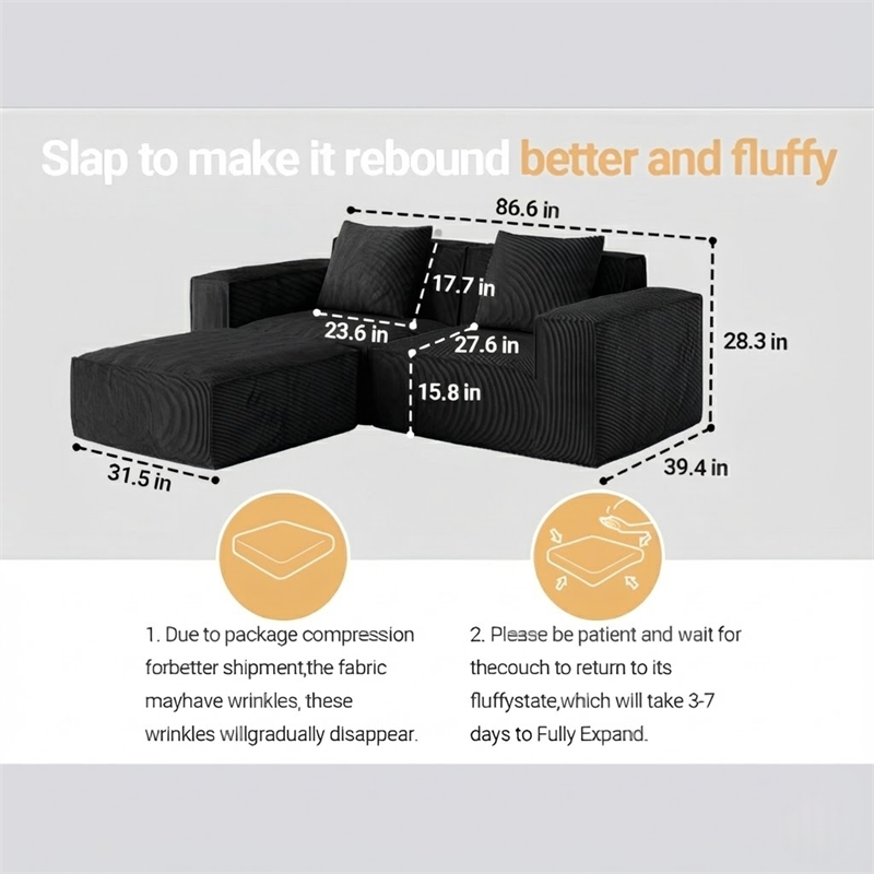 2-Seater Corduroy Fabric Compressed Tofu Block Sofa Bed with Footrest - Black