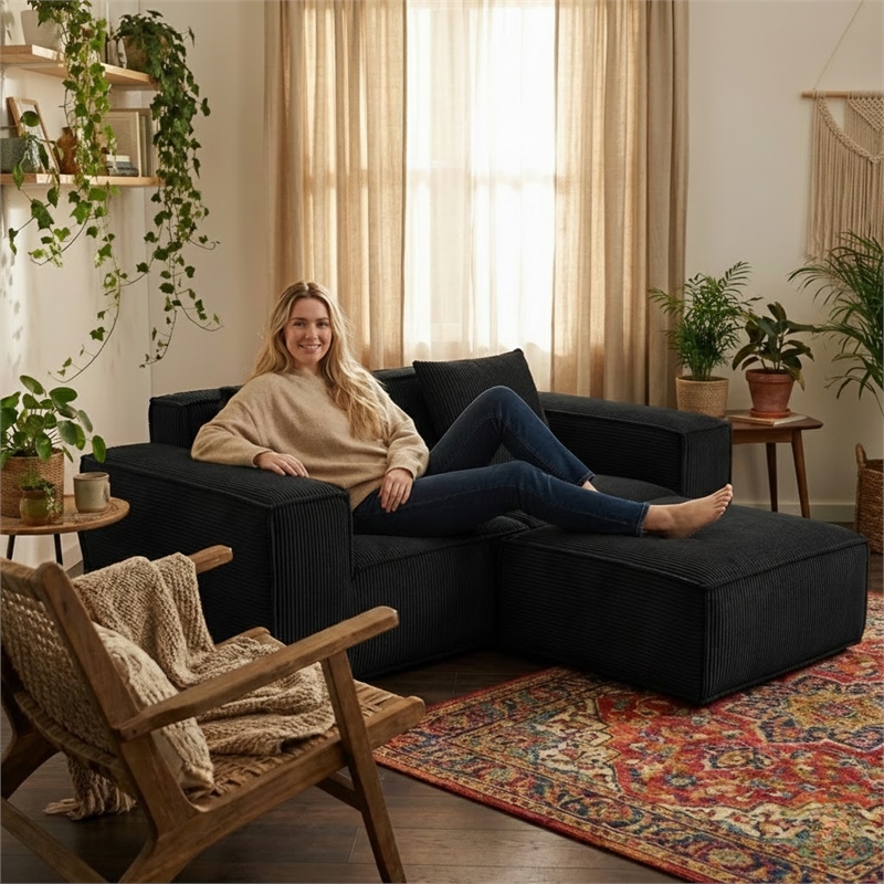 2-Seater Corduroy Fabric Compressed Tofu Block Sofa Bed with Footrest - Black