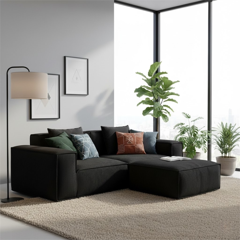 2-Seater Corduroy Fabric Compressed Tofu Block Sofa Bed with Footrest - Black