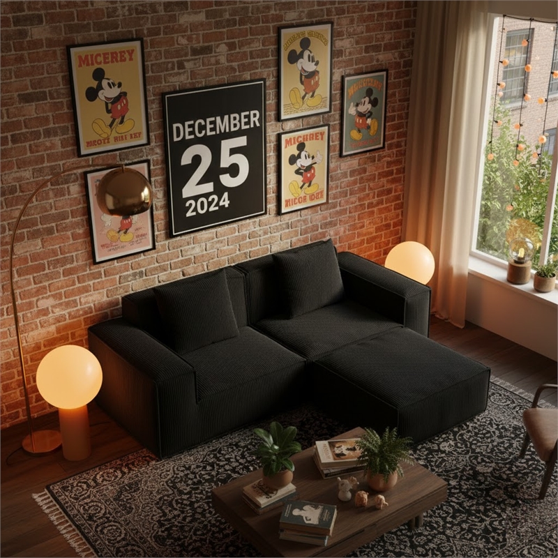 2-Seater Corduroy Fabric Compressed Tofu Block Sofa Bed with Footrest - Black