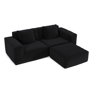 2-Seater Corduroy Fabric Compressed Tofu Block Sofa Bed with Footrest - Black