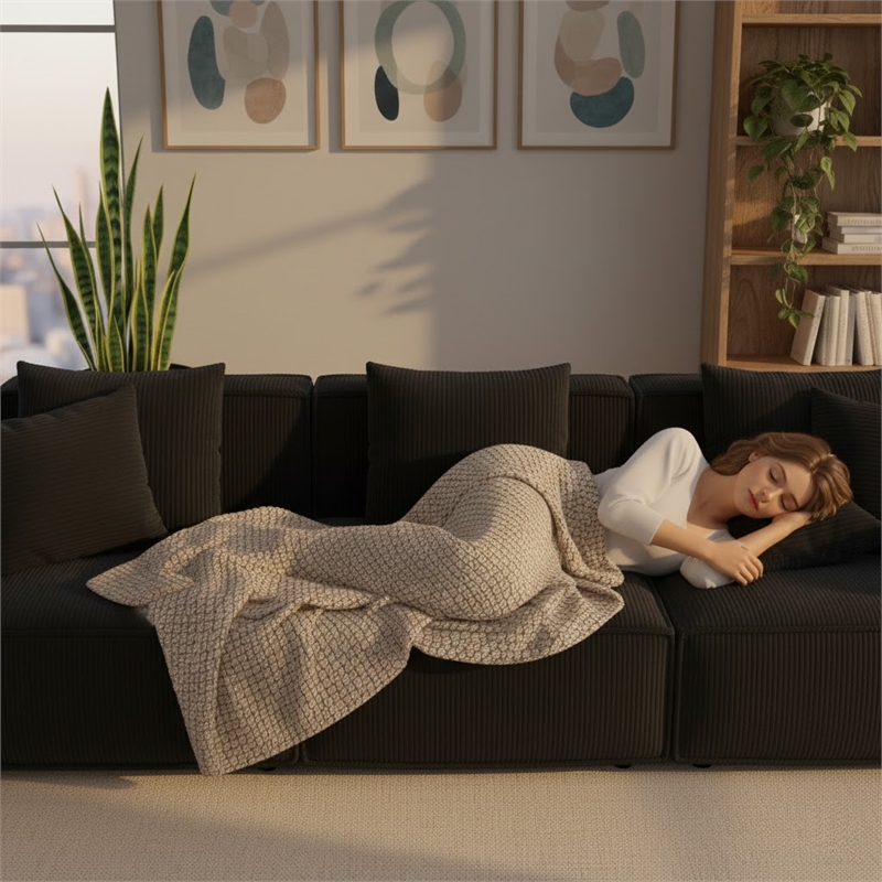 3-Seater Corduroy Fabric Compressed Tofu Block Sofa Bed - Black