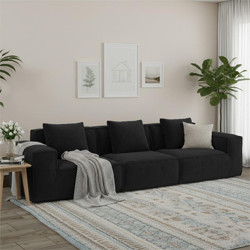 3-Seater Corduroy Fabric Compressed Tofu Block Sofa Bed - Black