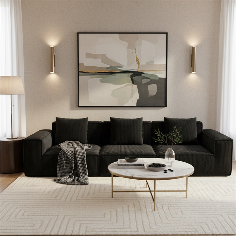 3-Seater Corduroy Fabric Compressed Tofu Block Sofa Bed - Black