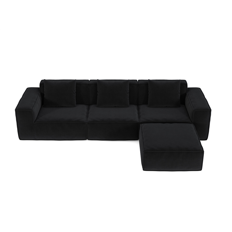 3-Seater Corduroy Fabric Compressed Tofu Block Sofa Bed with Footrest - Black