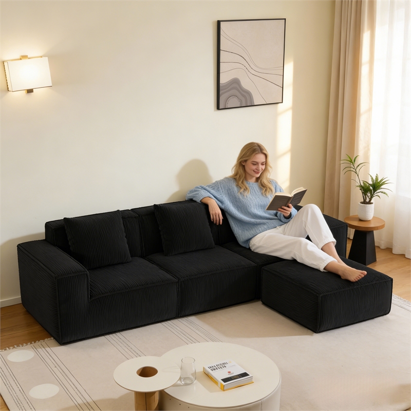 3-Seater Corduroy Fabric Compressed Tofu Block Sofa Bed with Footrest - Black