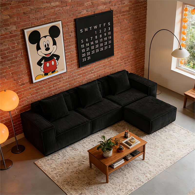 3-Seater Corduroy Fabric Compressed Tofu Block Sofa Bed with Footrest - Black