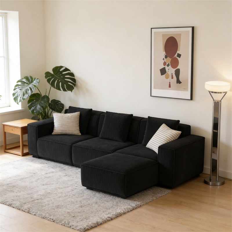 3-Seater Corduroy Fabric Compressed Tofu Block Sofa Bed with Footrest - Black