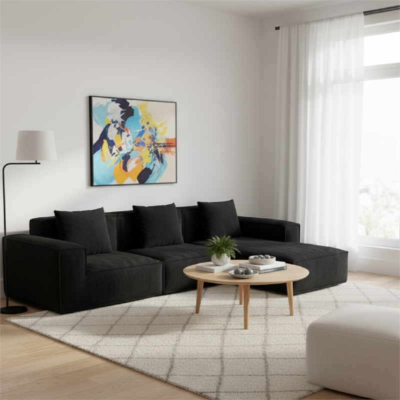 3-Seater Corduroy Fabric Compressed Tofu Block Sofa Bed with Footrest - Black