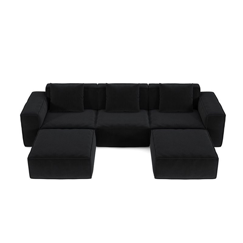 3-Seater Corduroy Fabric Compressed Tofu Block Sofa Bed with 2 Footrests - Black