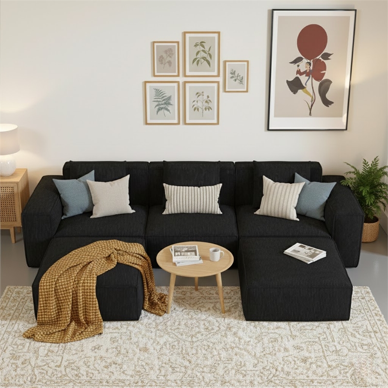 3-Seater Corduroy Fabric Compressed Tofu Block Sofa Bed with 2 Footrests - Black