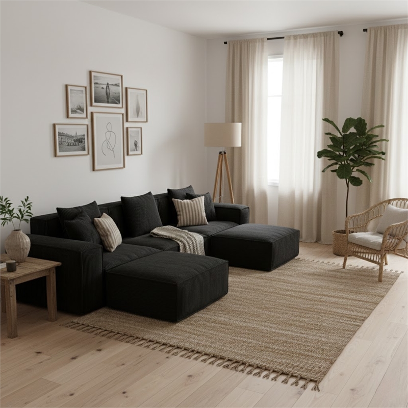 3-Seater Corduroy Fabric Compressed Tofu Block Sofa Bed with 2 Footrests - Black