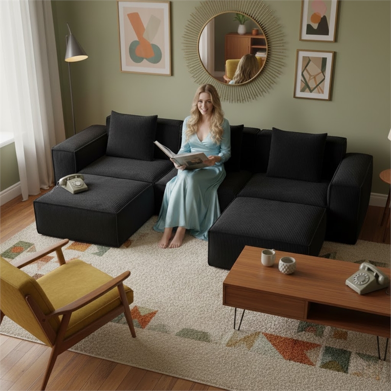 3-Seater Corduroy Fabric Compressed Tofu Block Sofa Bed with 2 Footrests - Black