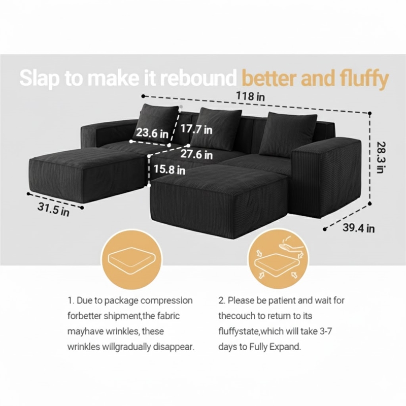 3-Seater Corduroy Fabric Compressed Tofu Block Sofa Bed with 2 Footrests - Black