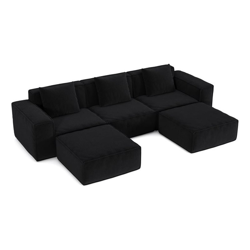 3-Seater Corduroy Fabric Compressed Tofu Block Sofa Bed with 2 Footrests - Black