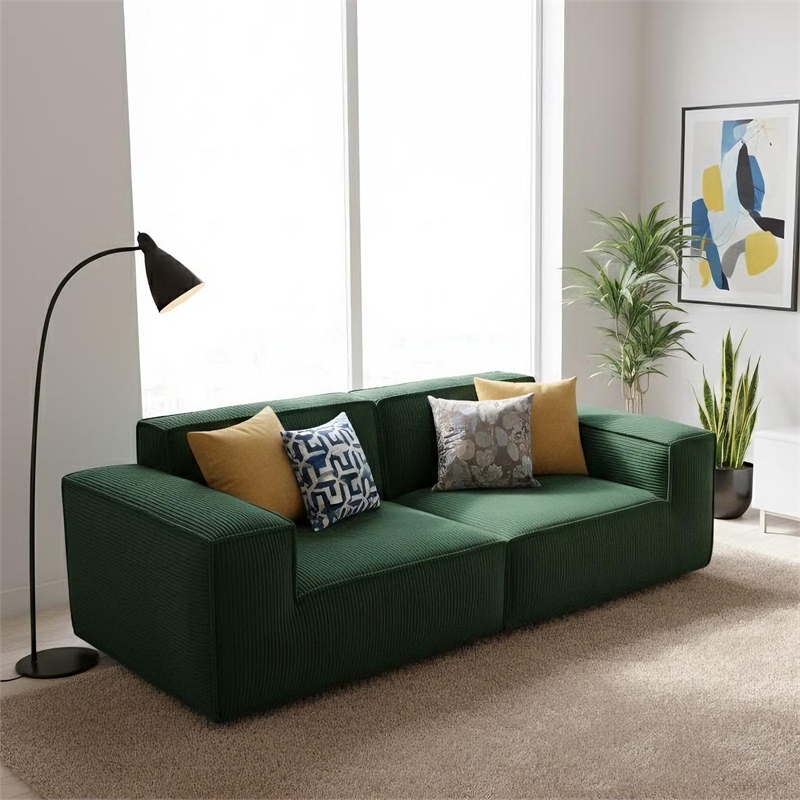 2-Seater Corduroy Fabric Compressed Tofu Block Sofa Bed - Green