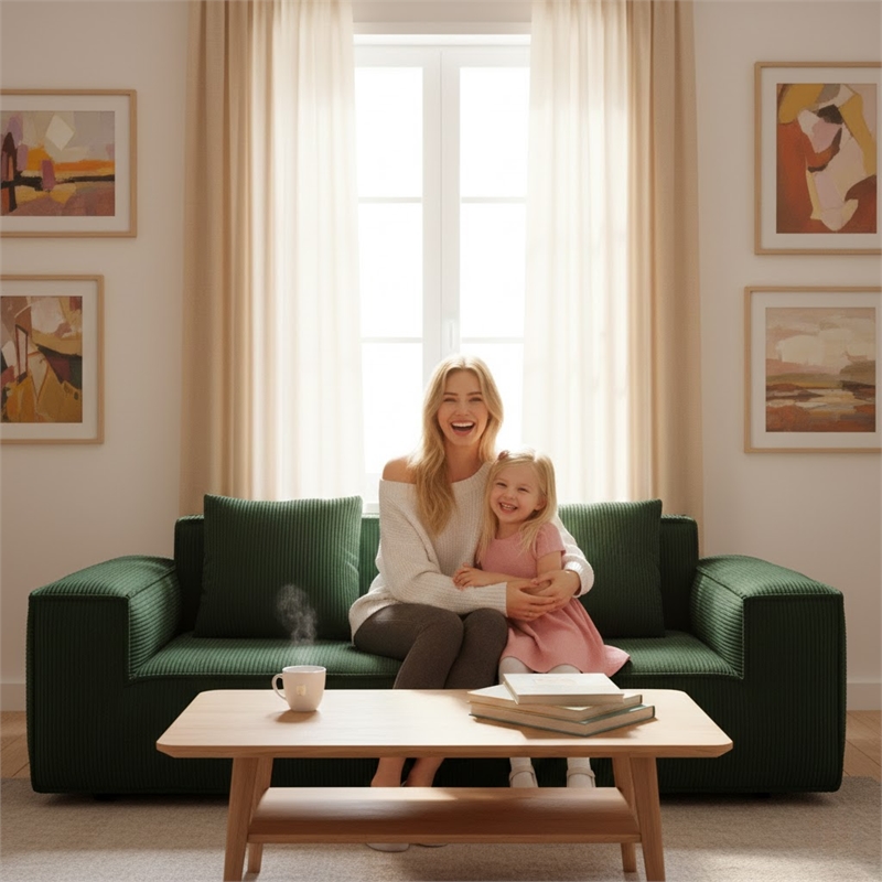 2-Seater Corduroy Fabric Compressed Tofu Block Sofa Bed - Green