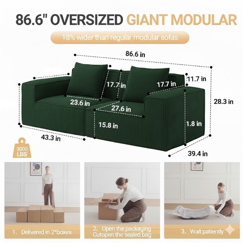 2-Seater Corduroy Fabric Compressed Tofu Block Sofa Bed - Green